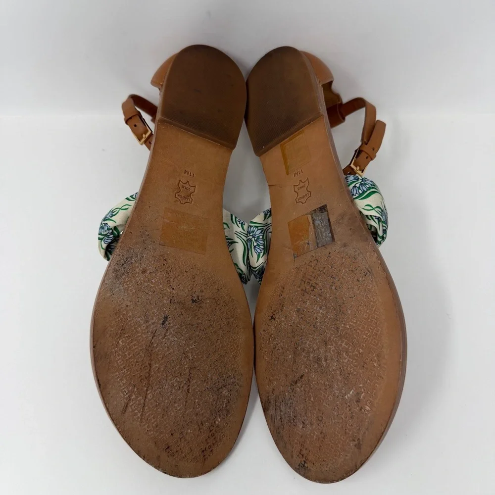 Tory Burch Miller Leather Scarf Thong Sandals Brown White Blue Green Size 11